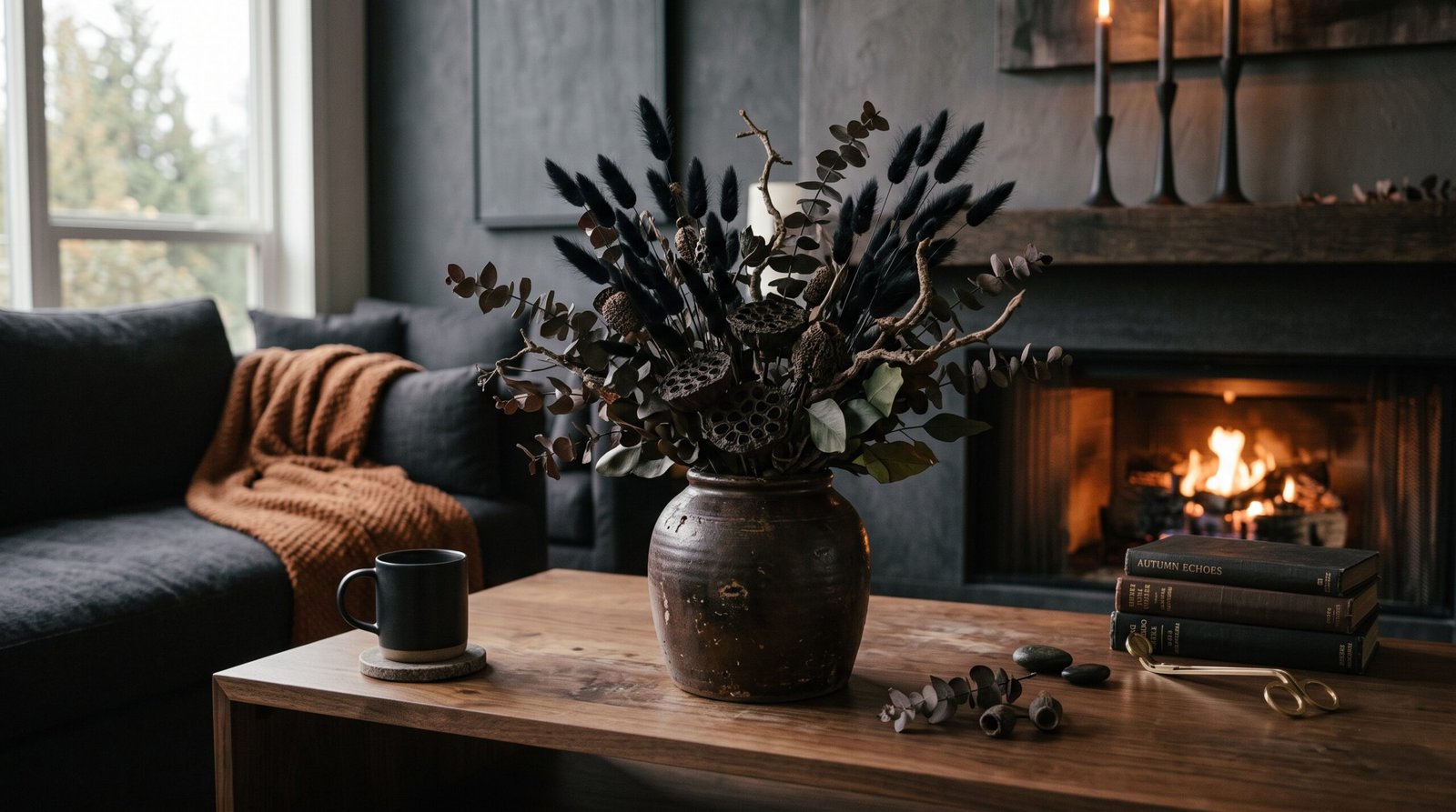 Dark dried floral branches in vase for classy halloween decor ideas