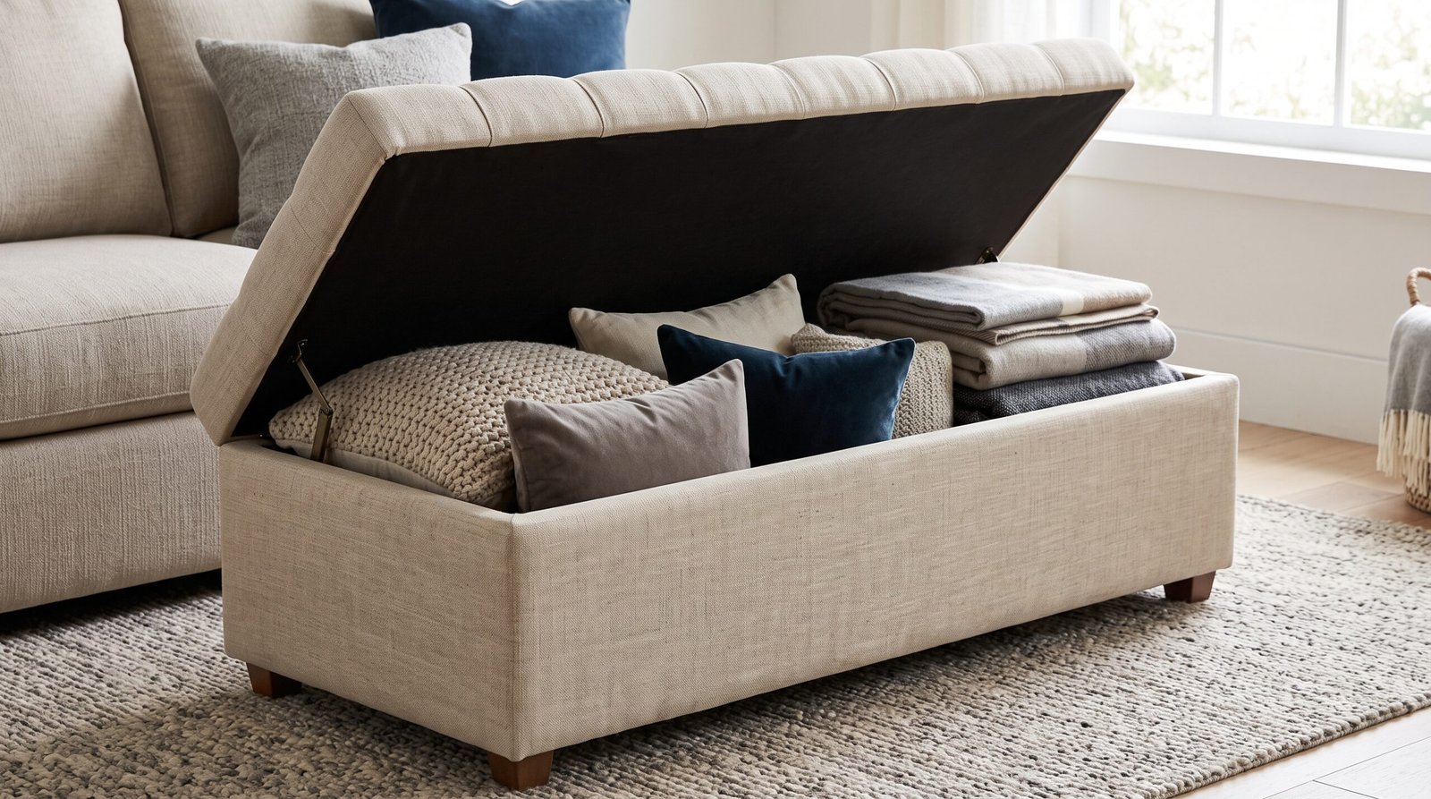 Upholstered storage ottoman for blanket and throw pillow storage ideas
