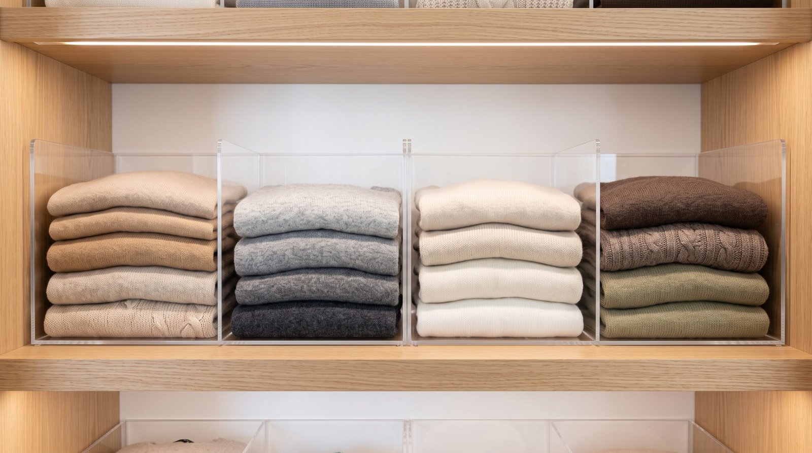 Clear acrylic shelf dividers for transition your wardrobe from summer to fall