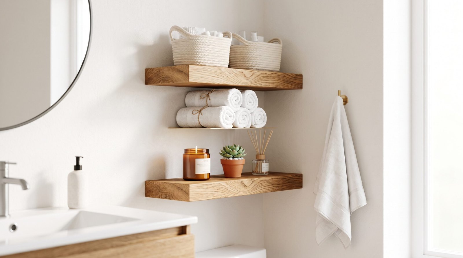 small bathroom floating wood shelves decor organization