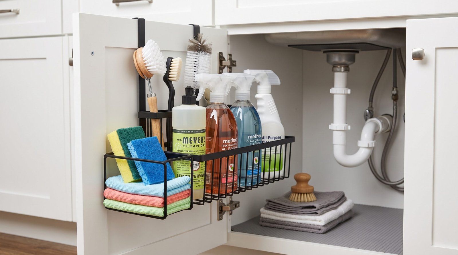 over the cabinet door hanging organizer basket for under sink storage