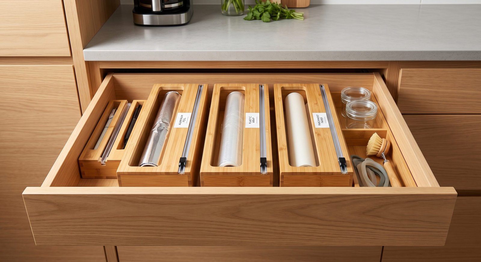Bamboo food wrap dispenser with slide cutter inside drawer