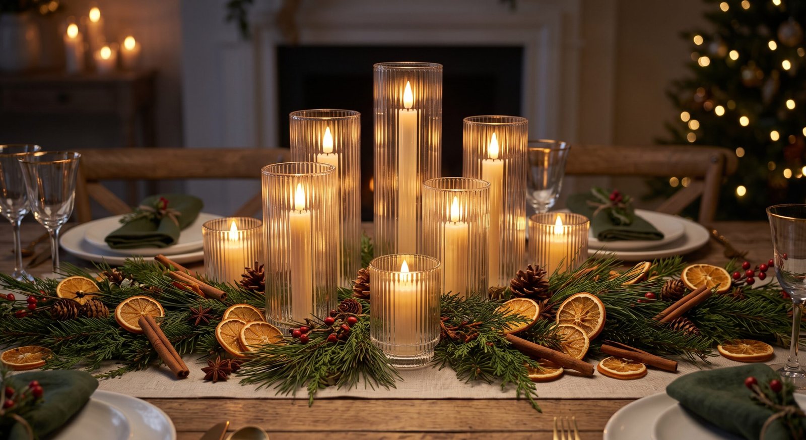 Ribbed glass candle holders with flickering flameless taper candles