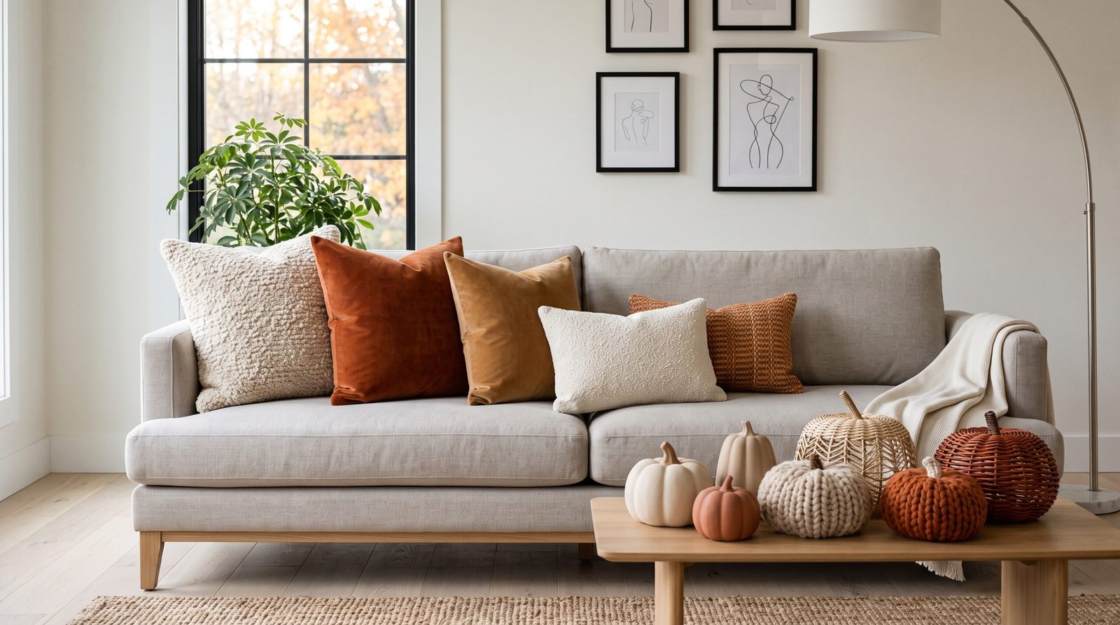 Neutral ceramic and woven decorative pumpkins on modern coffee table