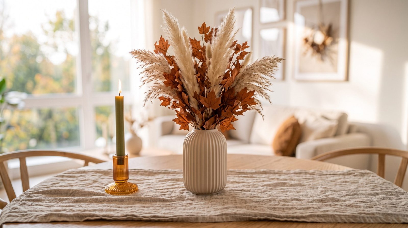 Modern fluted ceramic vase with dried pampas and fall foliage on dining table