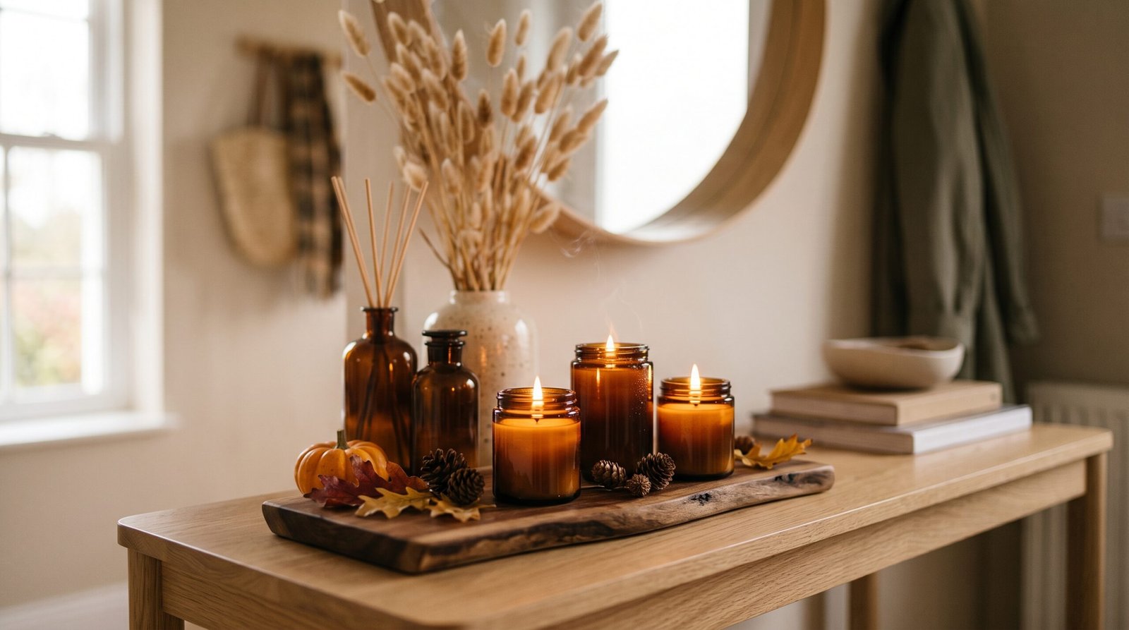 Aesthetic amber glass scented candle set on entryway console table