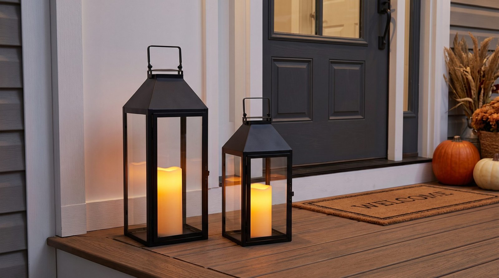 Modern black metal outdoor lanterns with flameless LED candles on small front porch