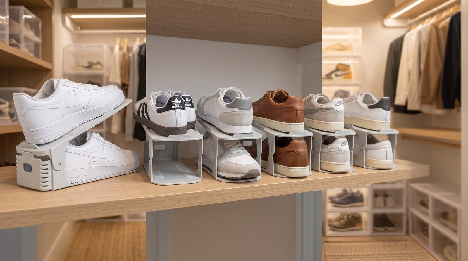 Adjustable double deck shoe slot space savers on modern closet shelf