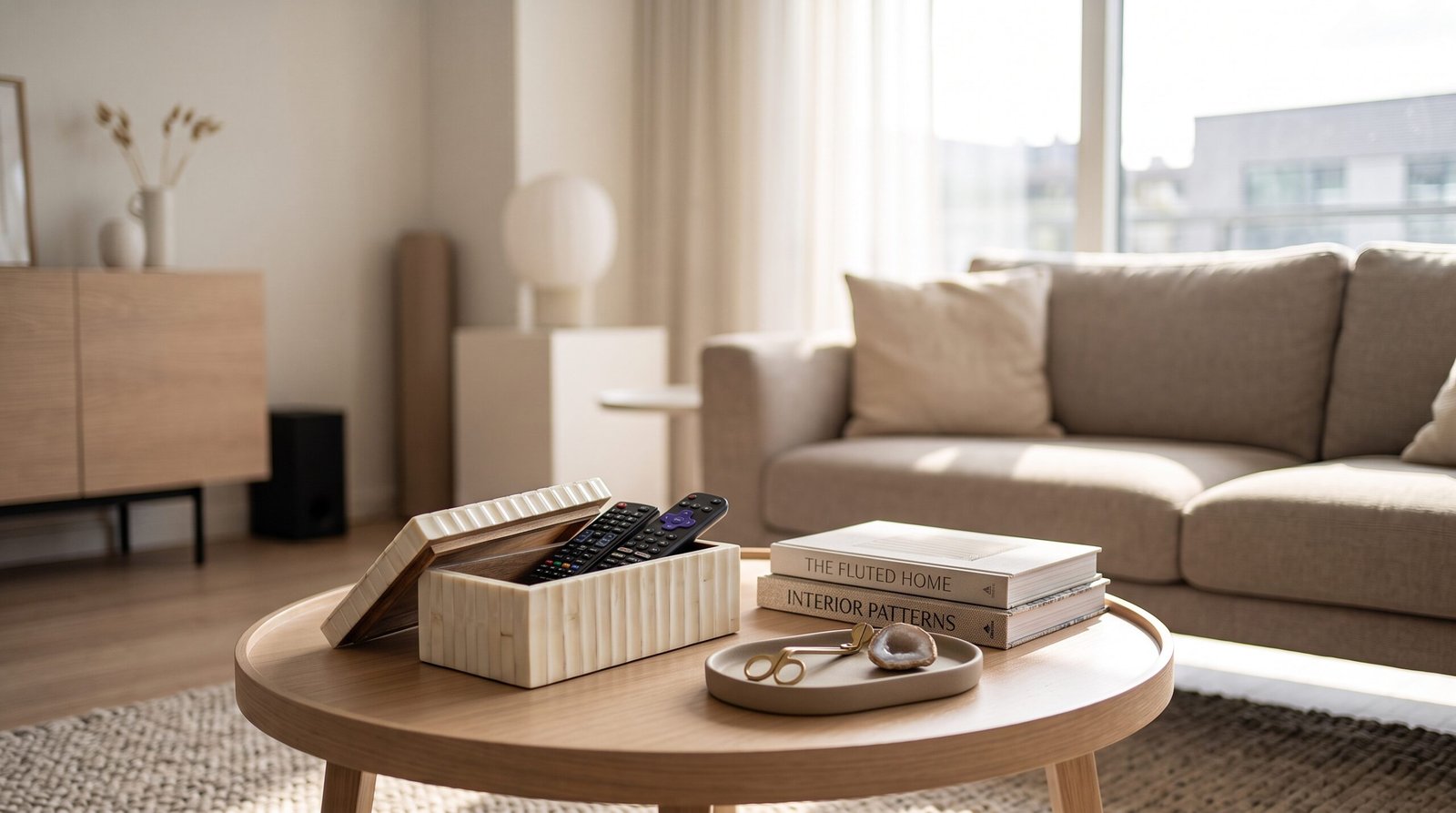 Fluted bone inlay decorative storage box on styled fall coffee table hiding remote controls