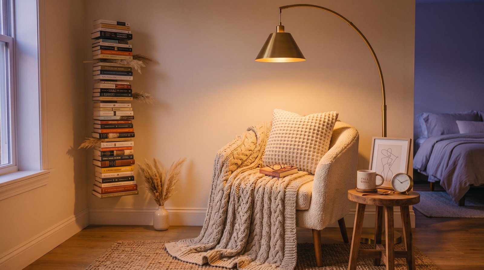 Textured chunky cable knit blanket draped over reading nook chair with plush pillow
