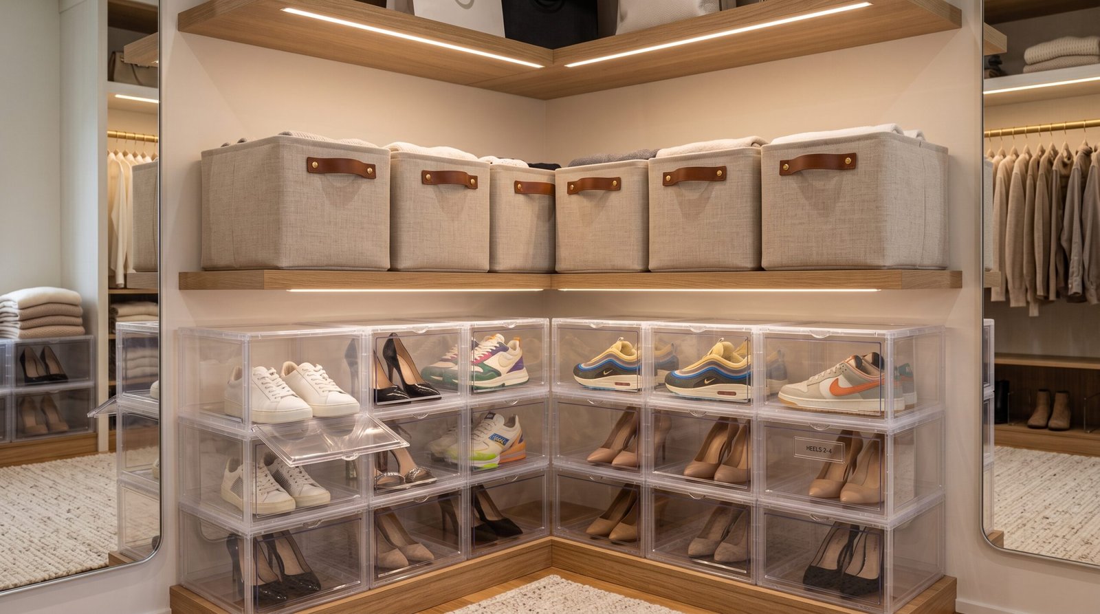 Neutral fabric storage bins with handles as closet organization essentials