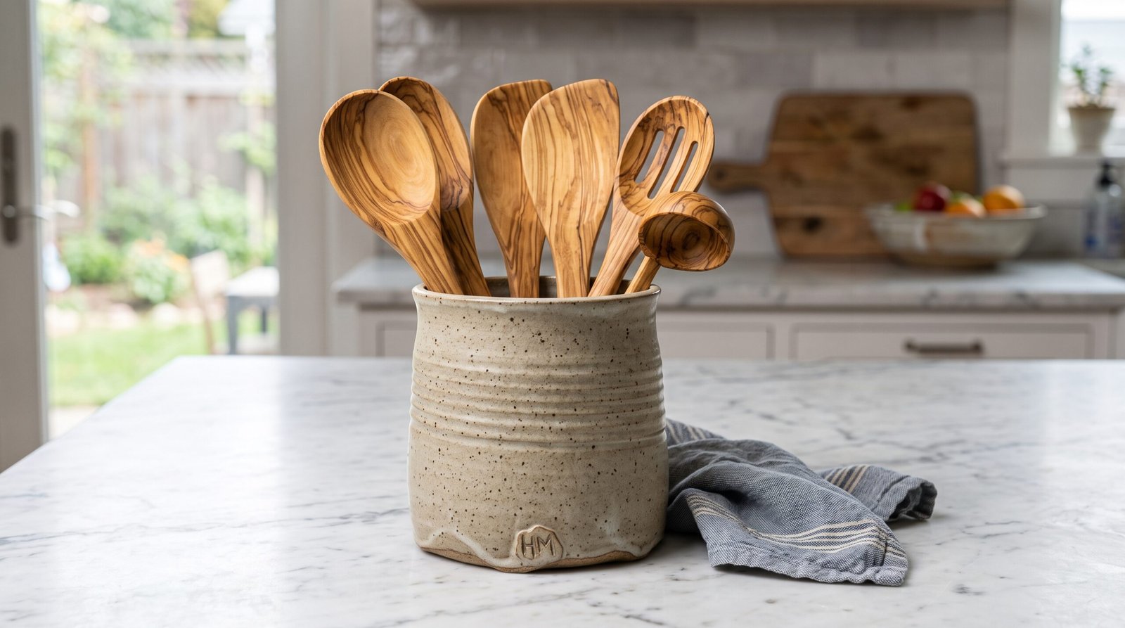 Ceramic utensil crock with wooden spoons for fall kitchen countertop styling ideas