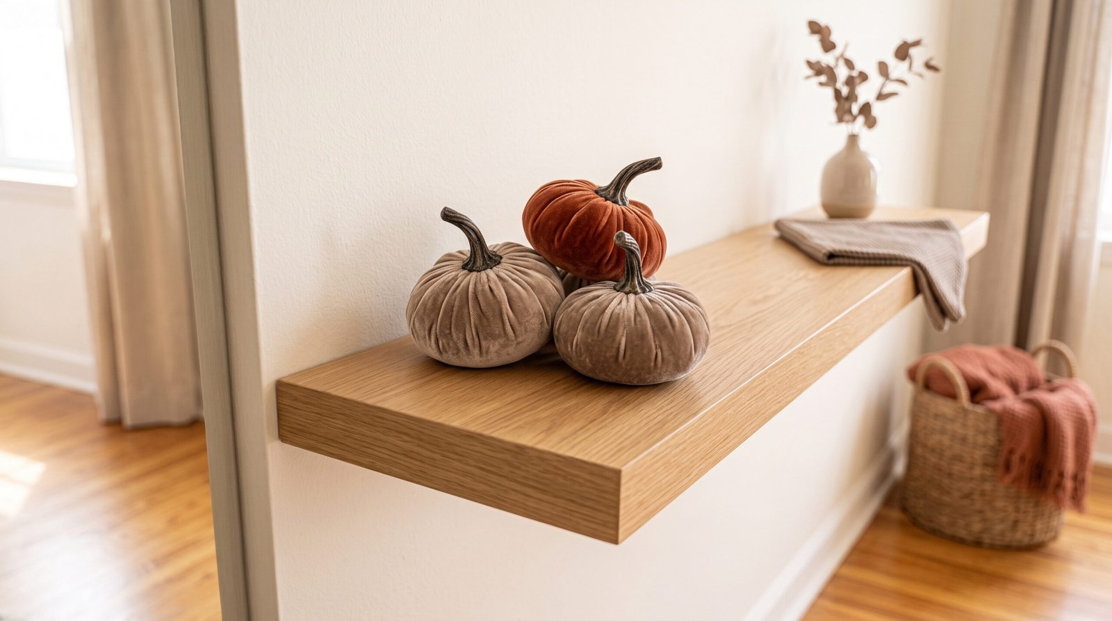 Neutral velvet pumpkins on console table for pumpkin and plaid living room decor ideas