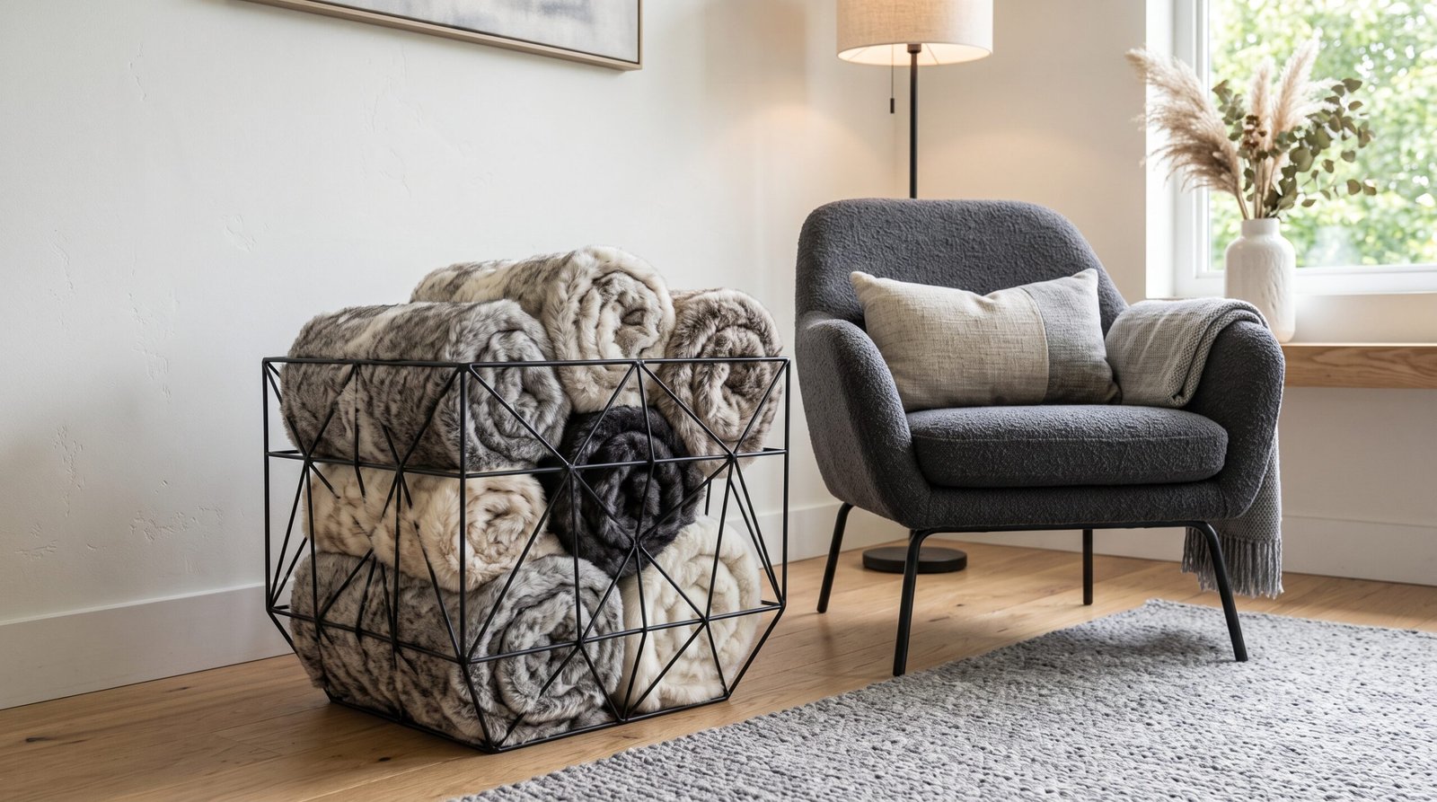 Matte black wire basket for blanket and throw pillow storage ideas