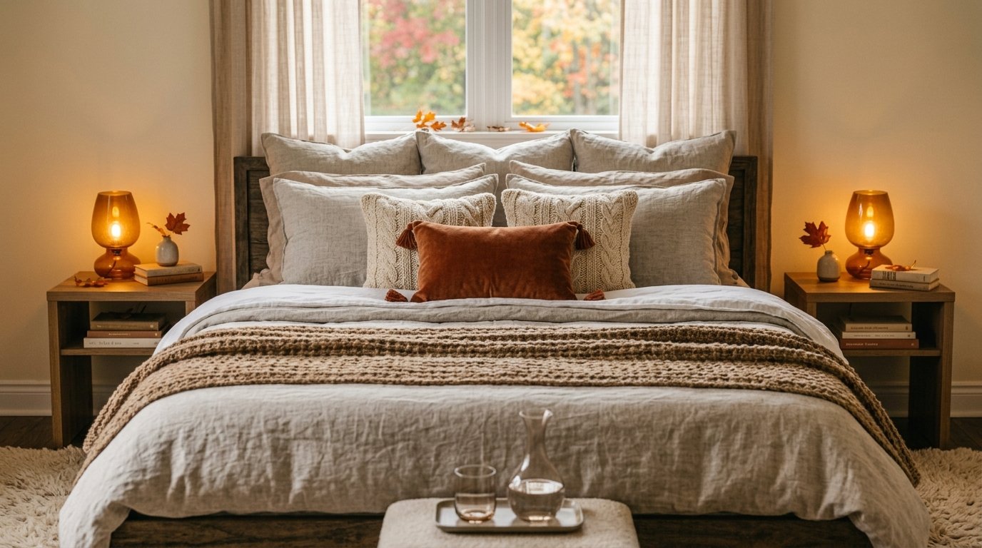 Stacked euro shams and textured throw pillows for cozy bedroom layering ideas
