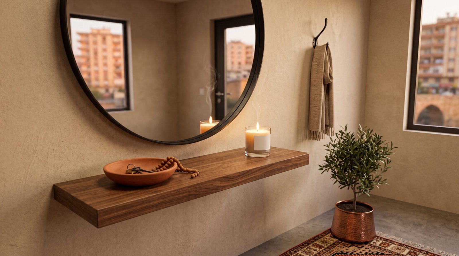 minimalist floating console table with round mirror entryway