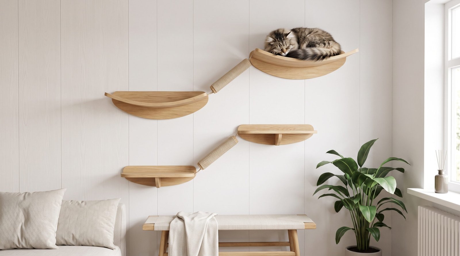 minimalist wall mounted floating wooden cat shelves and perches