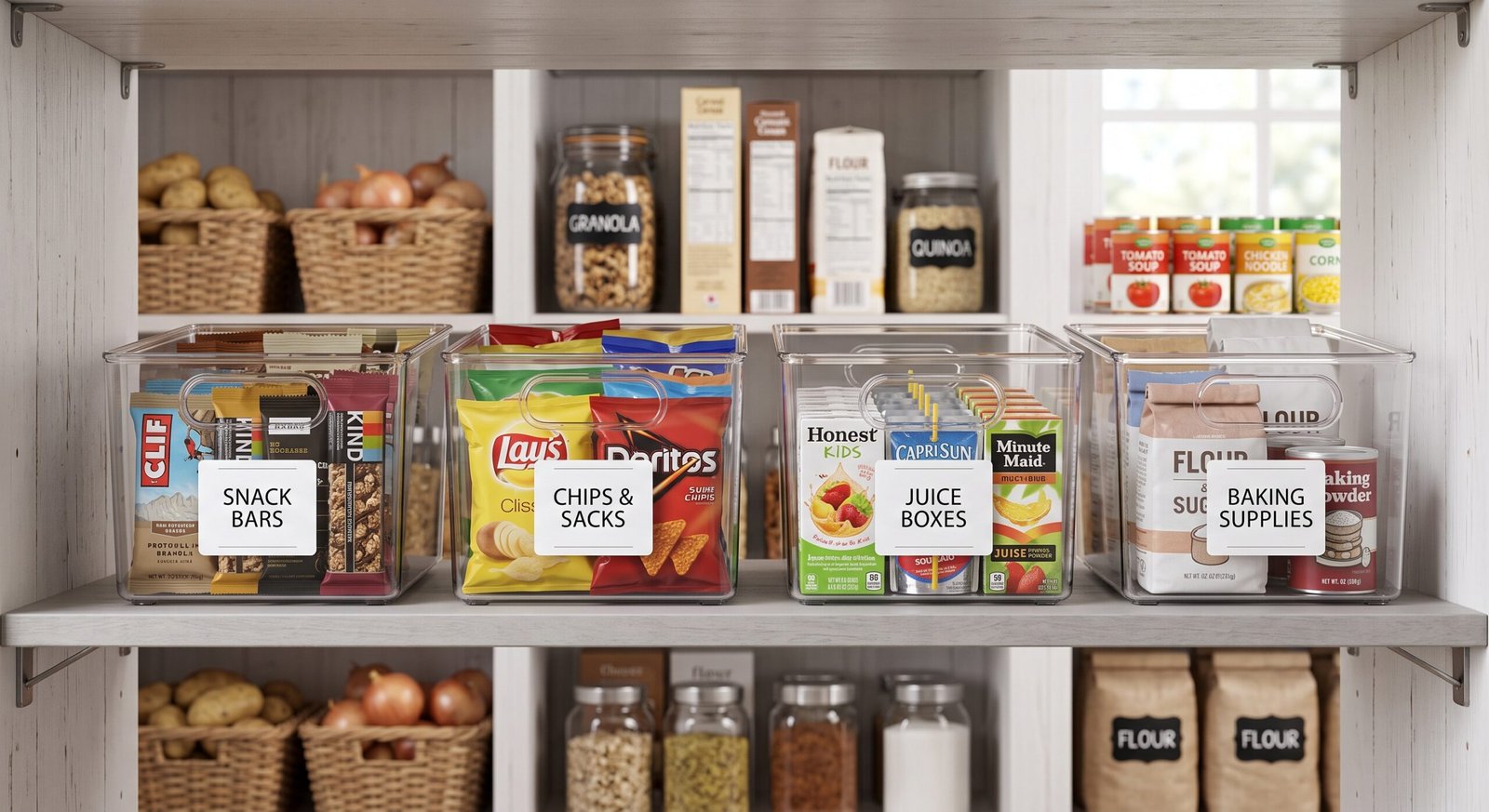 clear acrylic pantry storage bins with handles for kitchen organization ideas