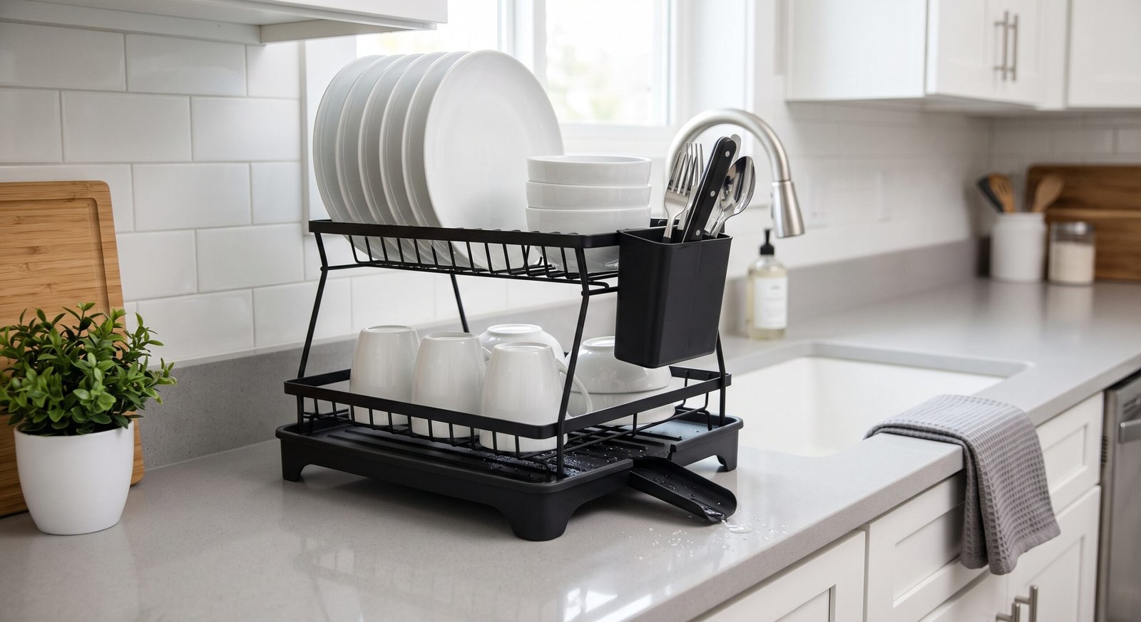 compact 2 tier dish drying rack with automatic drainboard spout