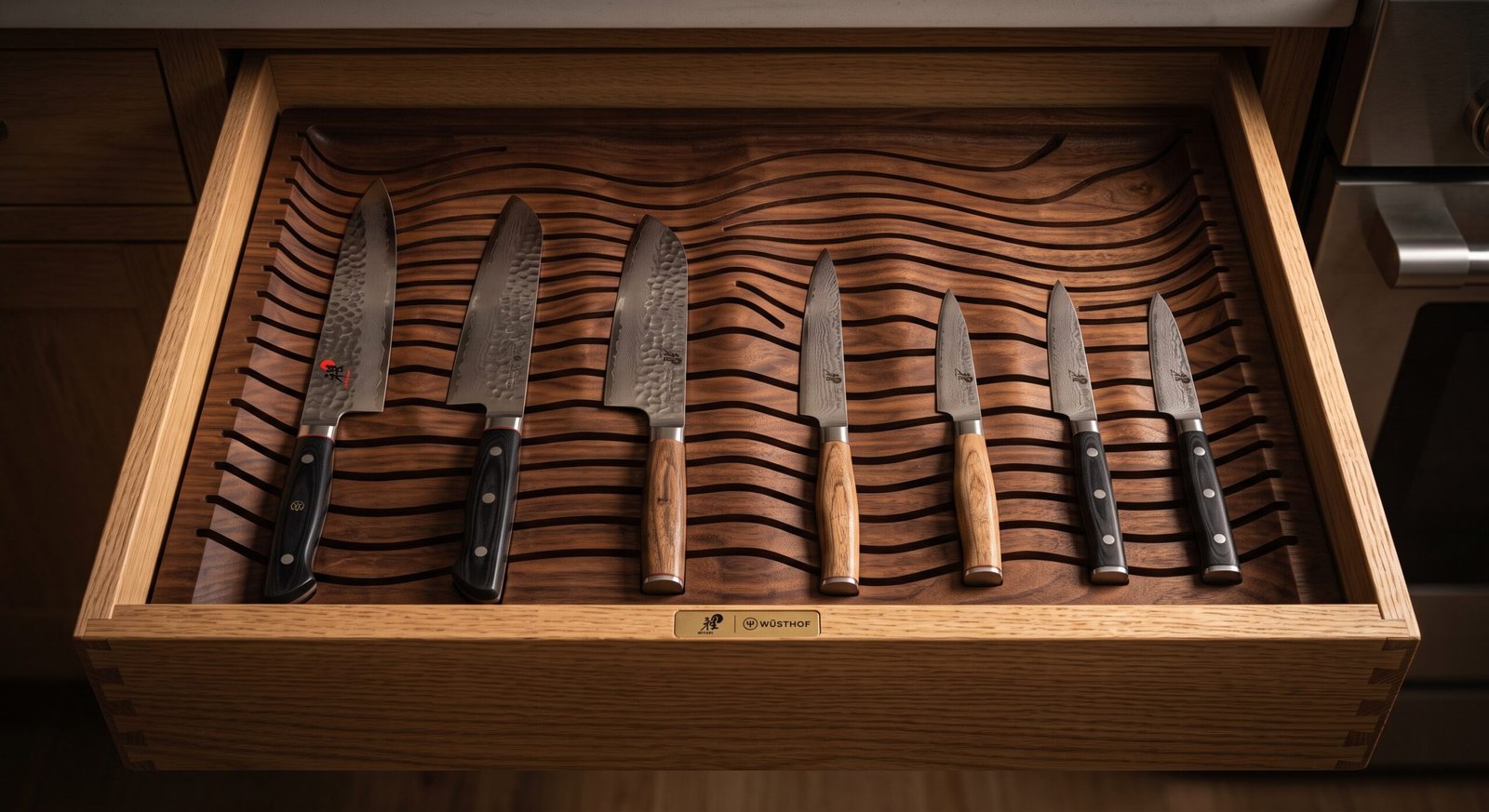 In-drawer wooden knife block organizer tray