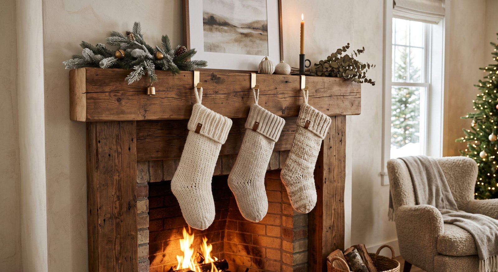 Cream and beige chunky knit Christmas stockings hanging on wooden mantel