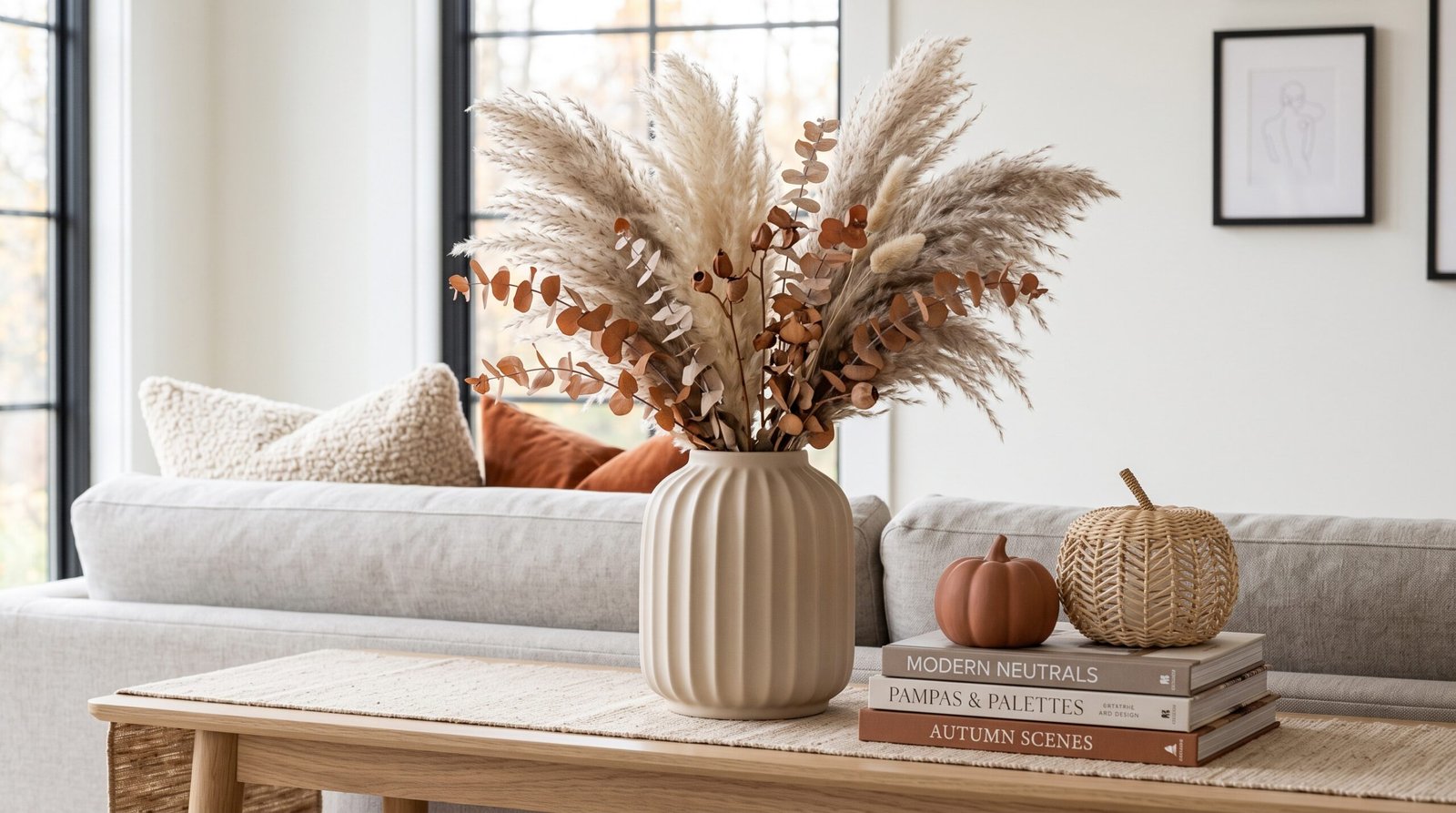 Dried pampas grass and preserved eucalyptus in fluted ceramic vase fall decor