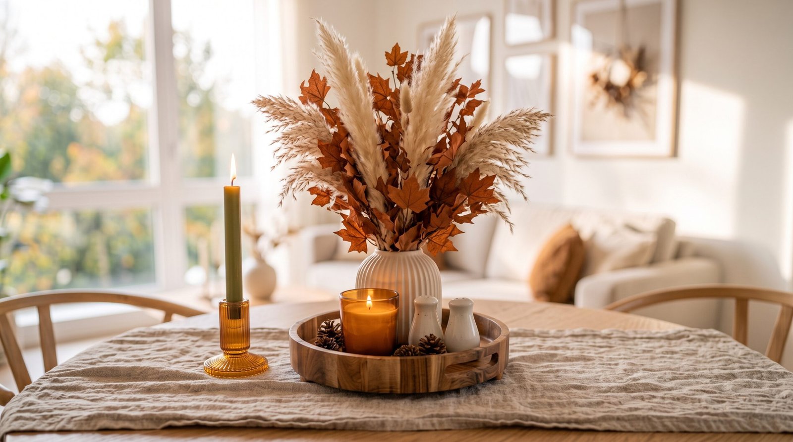 Round rustic acacia wood centerpiece tray styled with fall decor on dining table