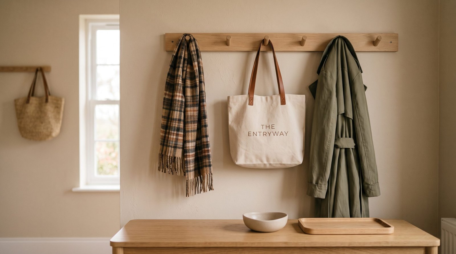 Modern wall mounted natural wooden peg coat rack in fall entryway