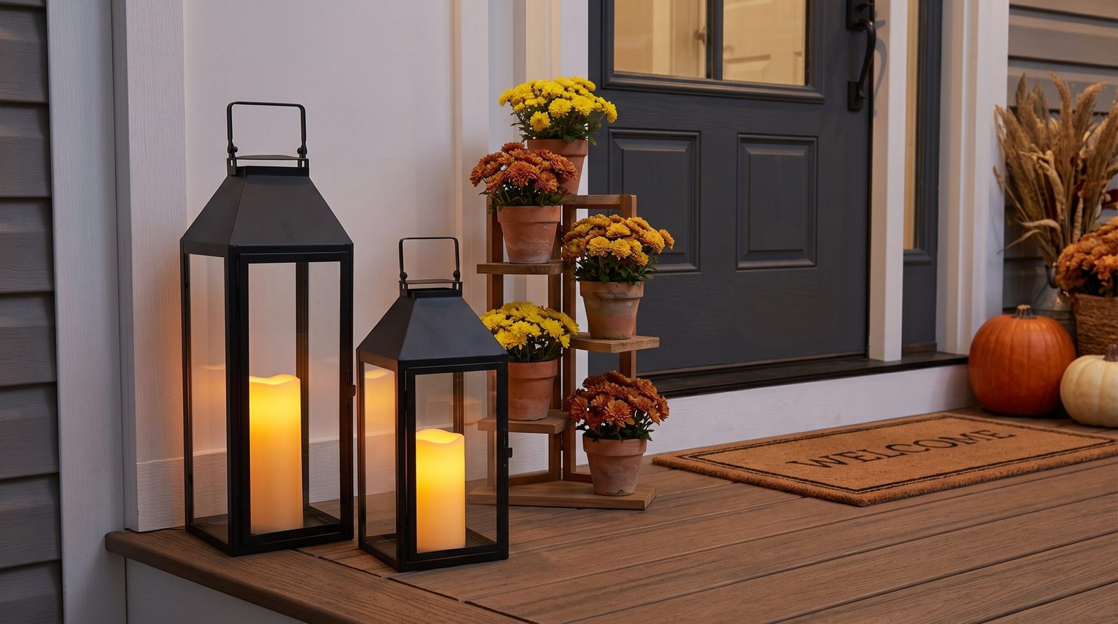 Tiered corner wooden plant stand with autumn mum flowers on small front porch