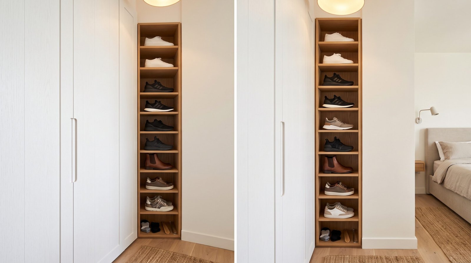 Tall narrow vertical wooden shoe tower rack fitting into tight apartment corner