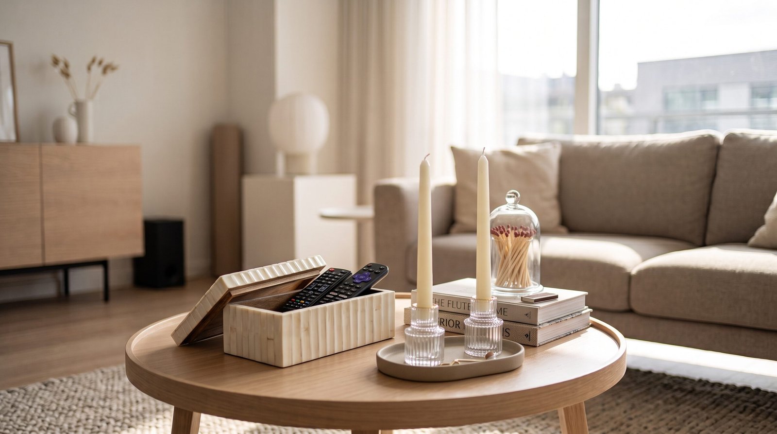 Modern ribbed glass taper candle holders with cream candles on styled coffee table