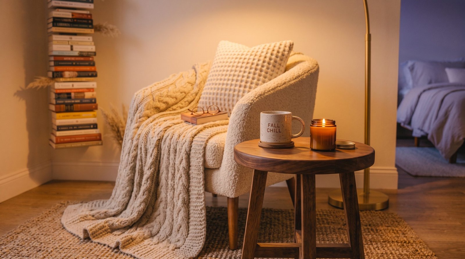 Small round walnut pedestal side table holding ceramic mug next to cozy chair