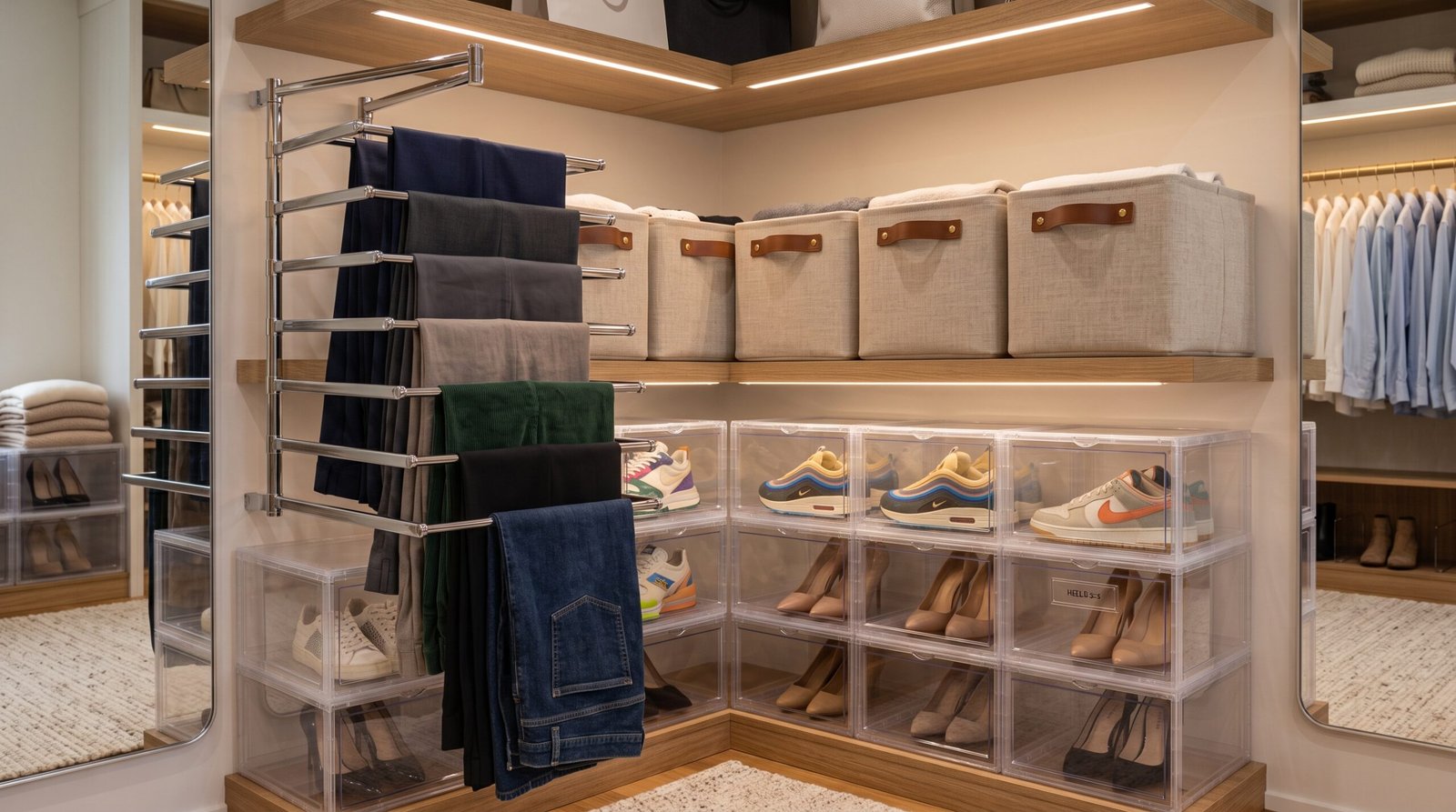 Multi tier space saving pants hanger as smart closet organization essentials