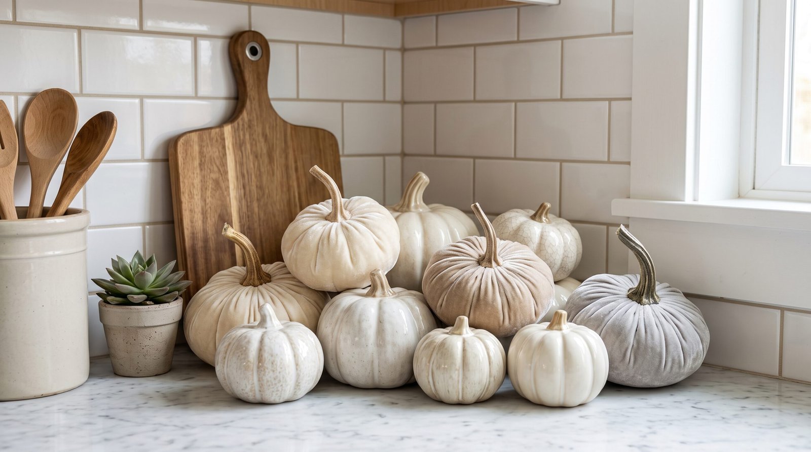 Mini ceramic and velvet decorative pumpkins for fall kitchen countertop styling ideas