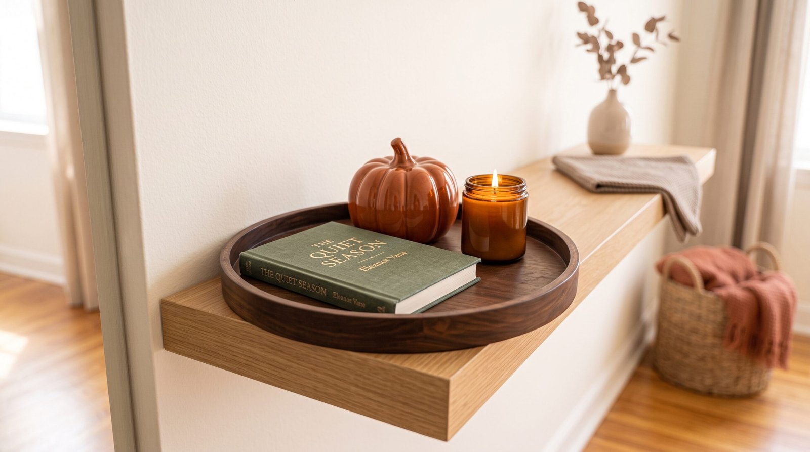 Round dark wood tray styling for pumpkin and plaid living room decor ideas