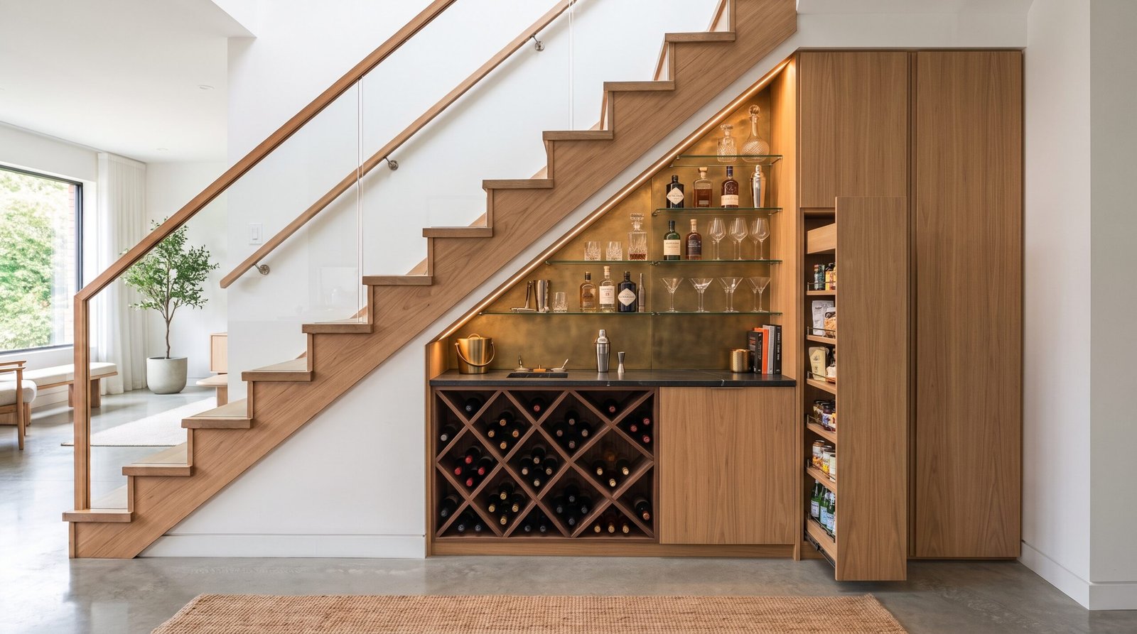 Built-in wine bar and beverage station for under stairs storage ideas to maximize small spaces