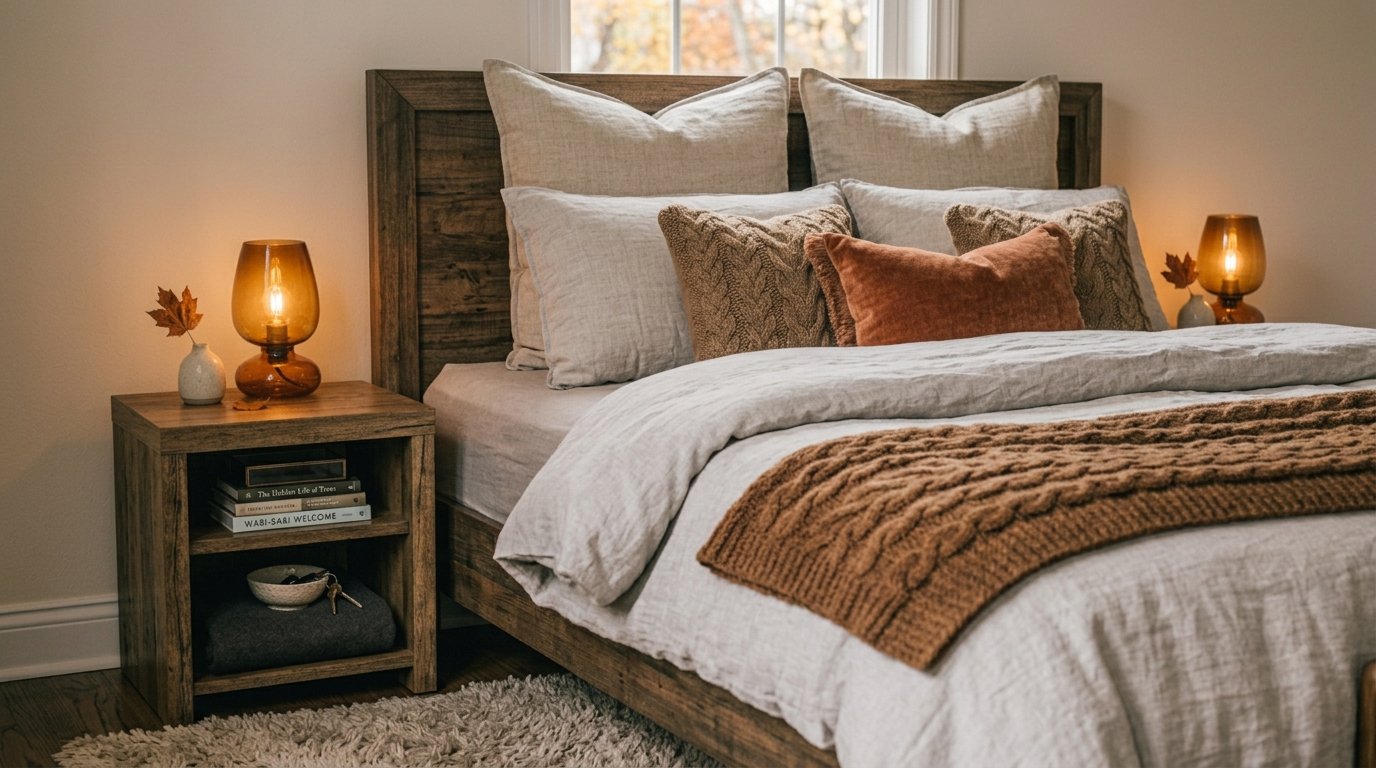 2-tier wooden nightstand with drawer storage for cozy bedroom layering ideas