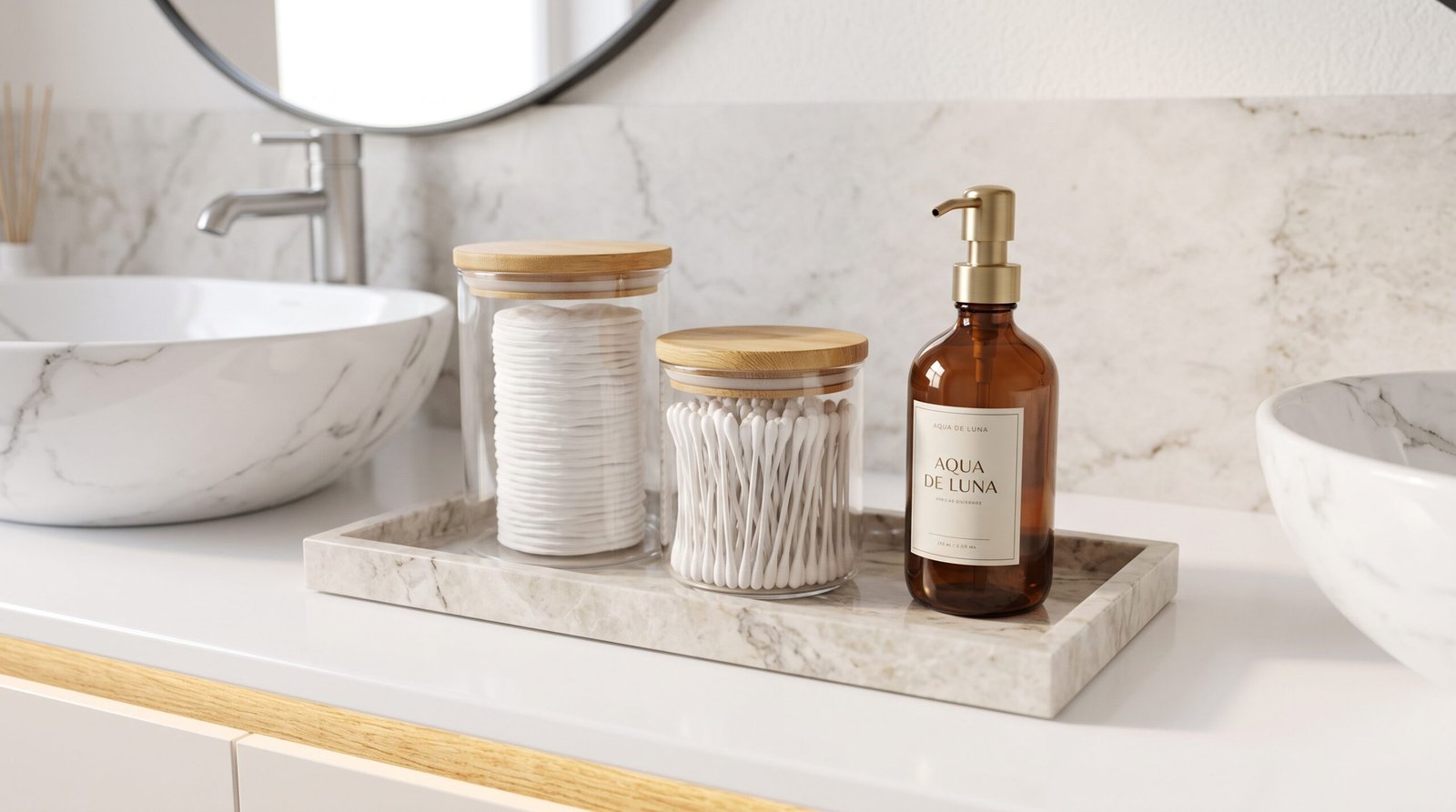 glass apothecary jars with bamboo lids for bathroom vanity