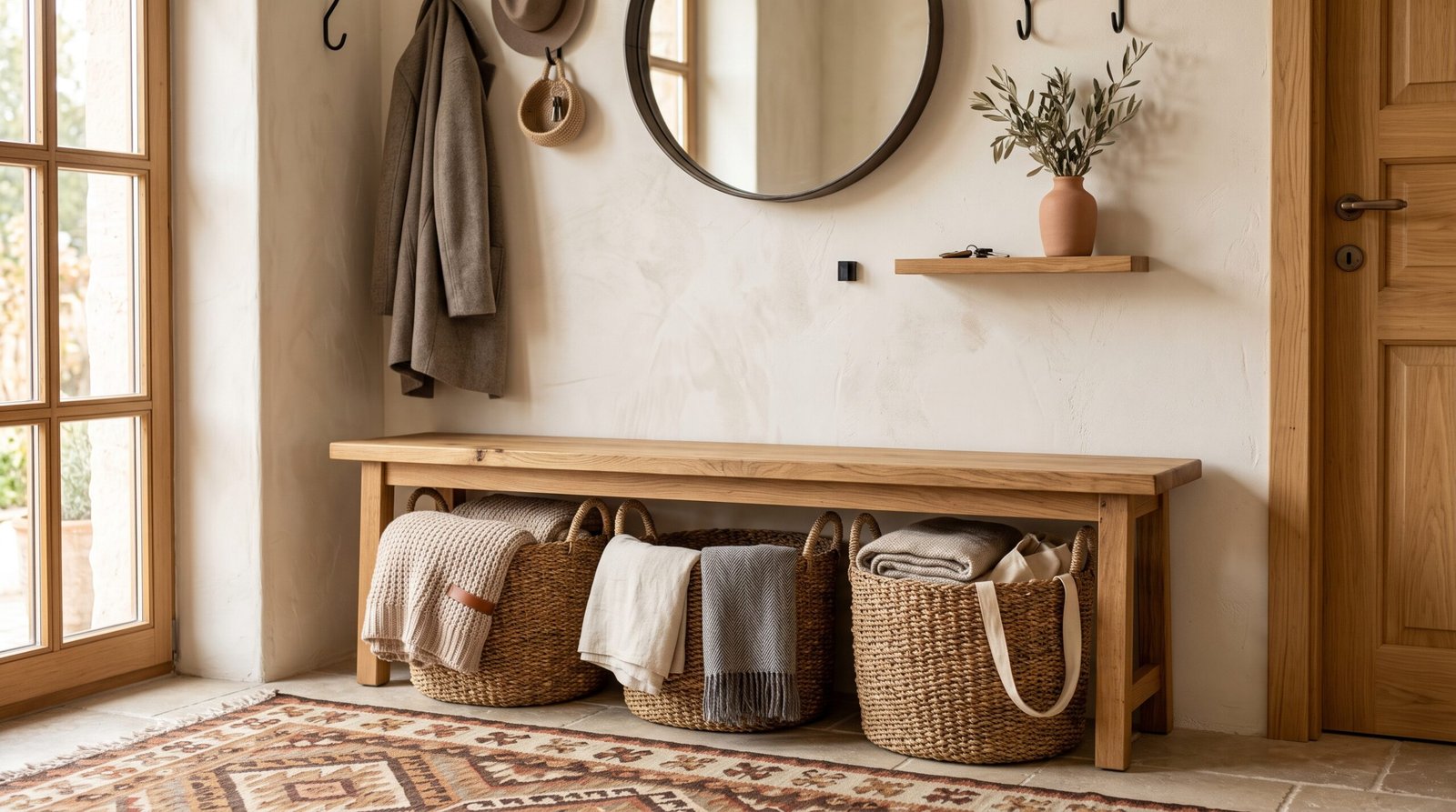 woven seagrass storage baskets under entryway bench