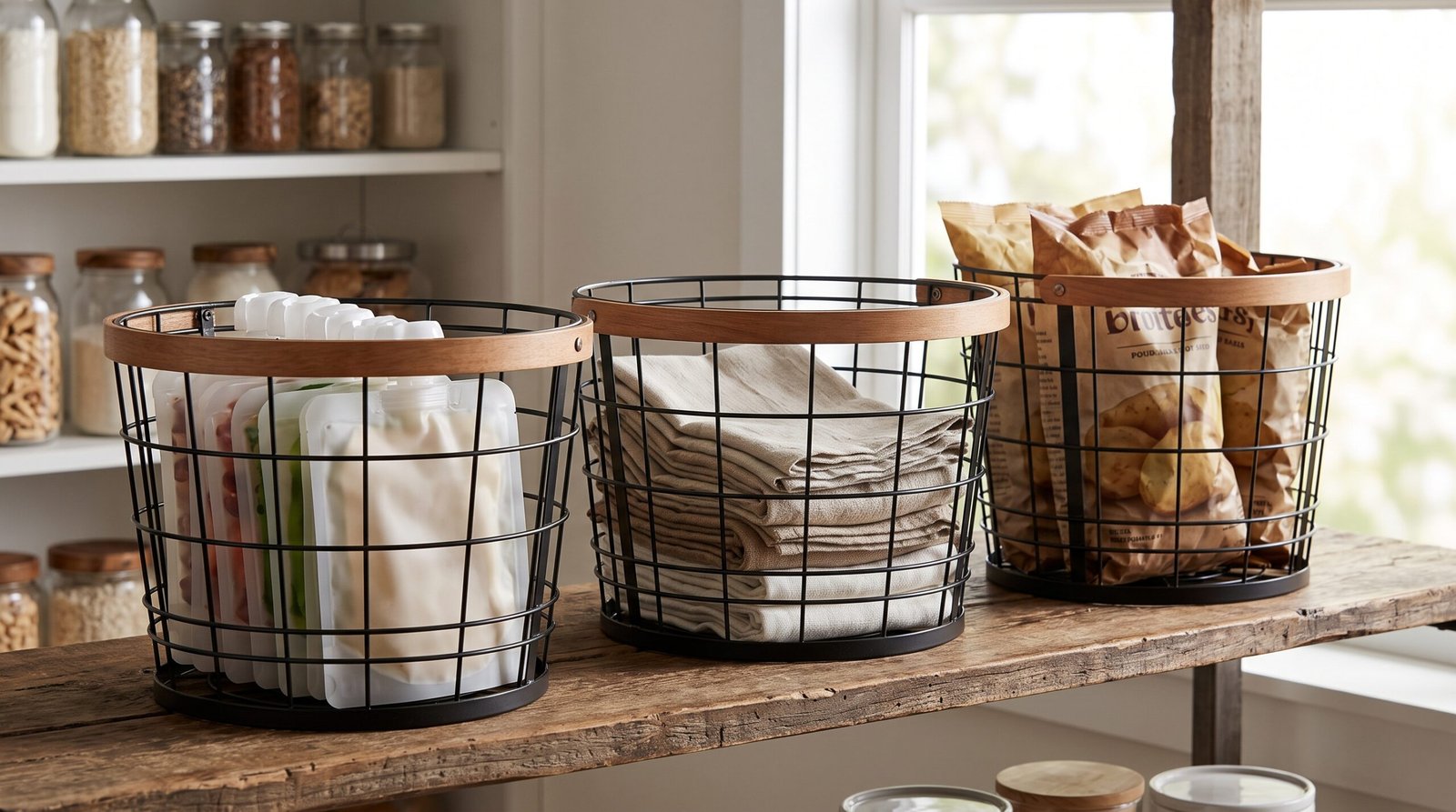matte black metal wire pantry baskets with wooden handles organization ideas
