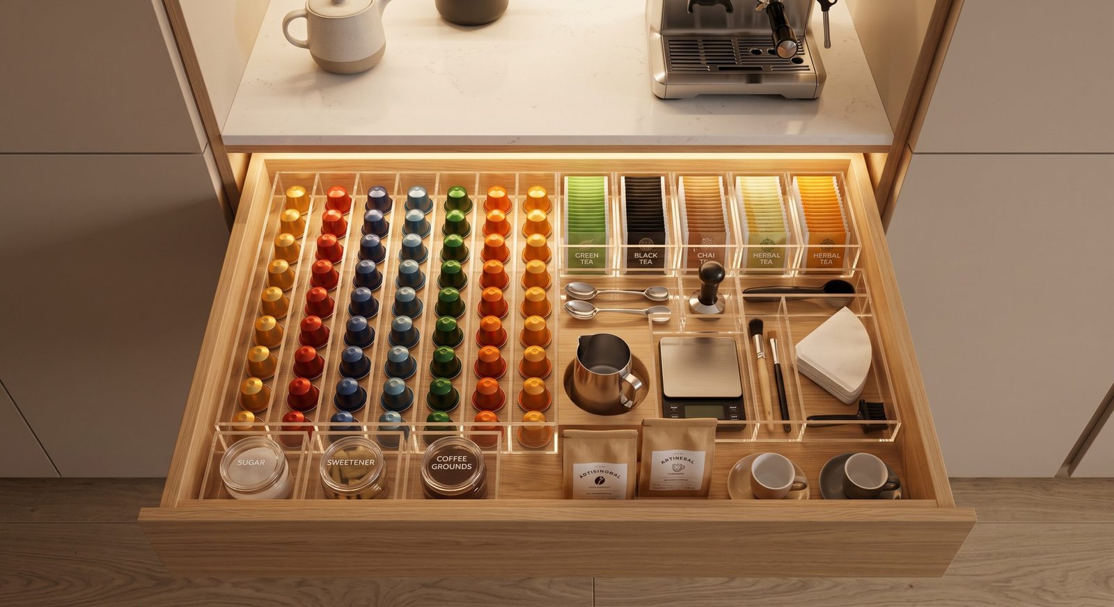 Clear acrylic bins for coffee and tea drawer organization