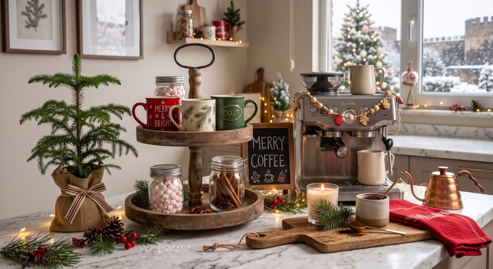 Christmas coffee station on marble kitchen counter with mini pine tree