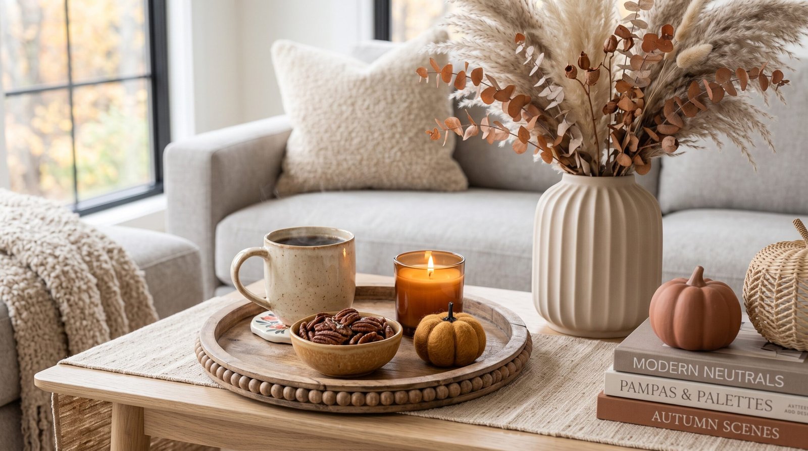 Rustic round wood decorative tray styled on coffee table for fall