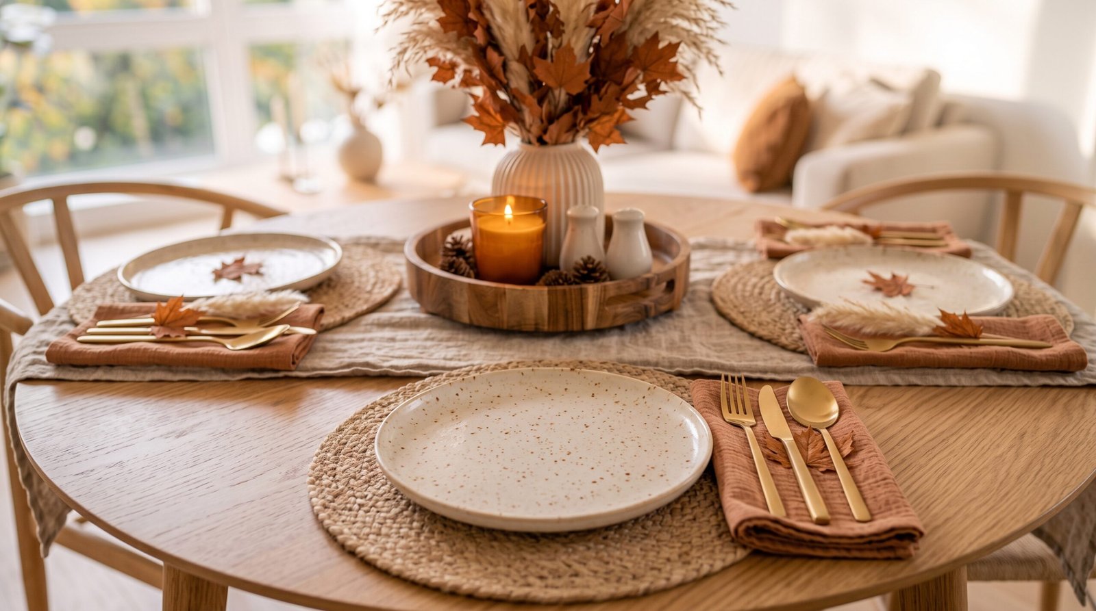 Round natural woven jute placemats styled for cozy fall dining table