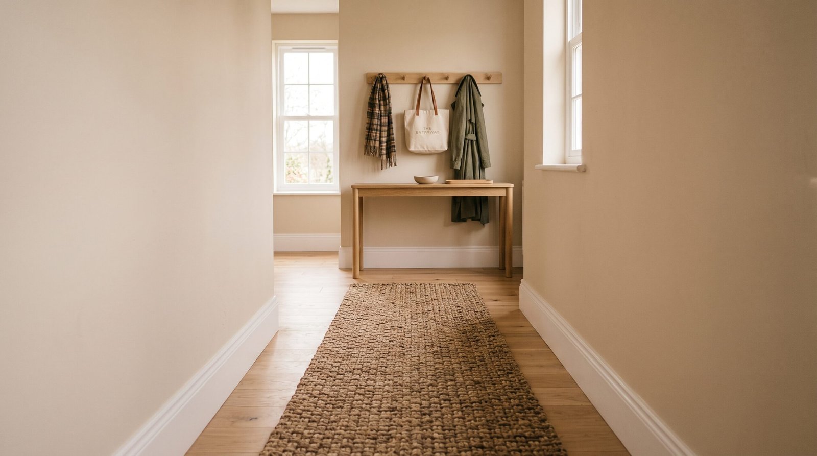 Textured natural jute runner rug on hallway floor for fall entryway decor