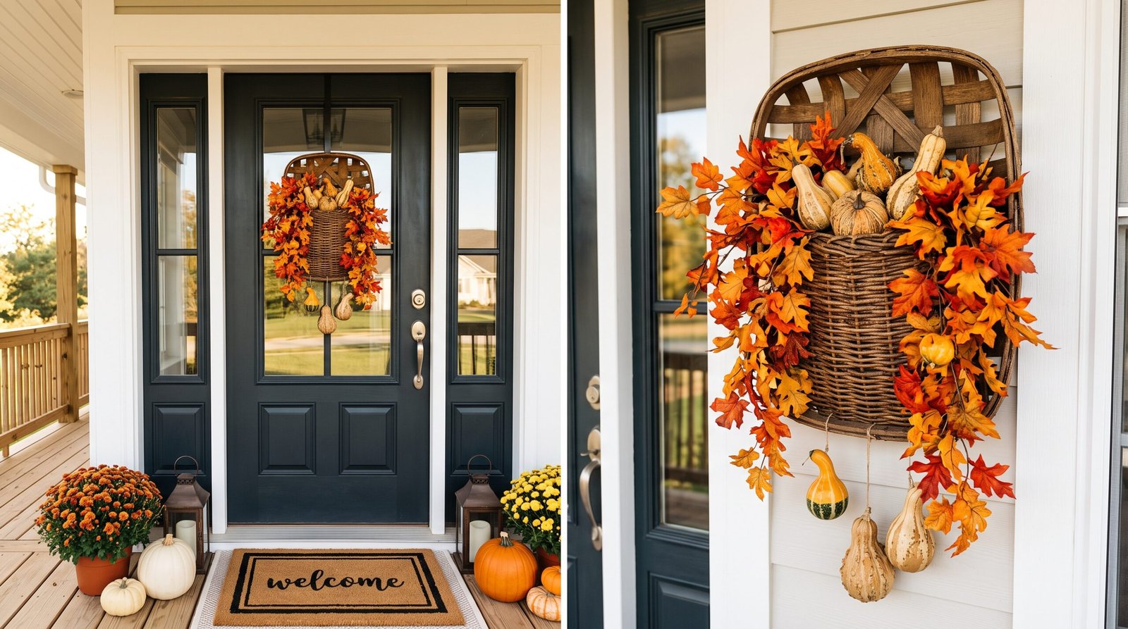 Woven wall hanging basket filled with faux fall foliage beside small front door