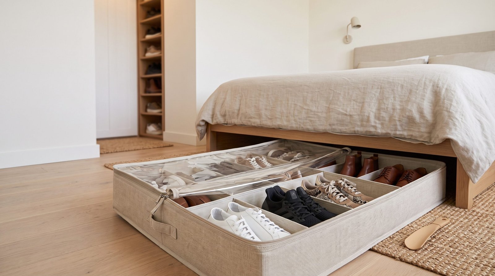 Fabric under bed shoe storage organizer with clear zippered lid sliding out from bed