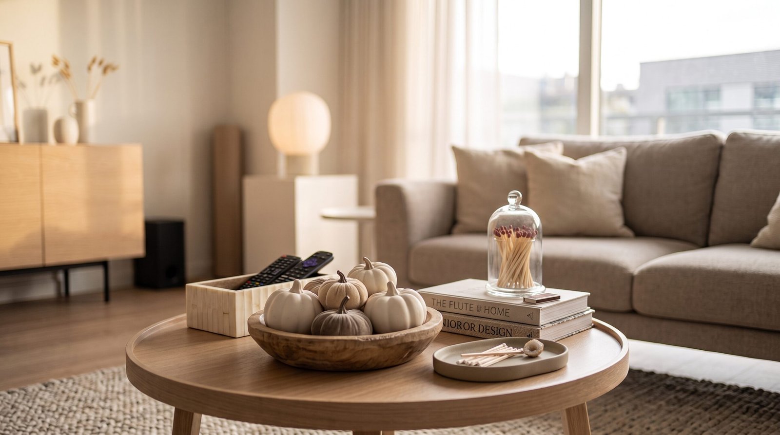 Neutral matte ceramic and velvet mini pumpkins styled neatly in coffee table bowl