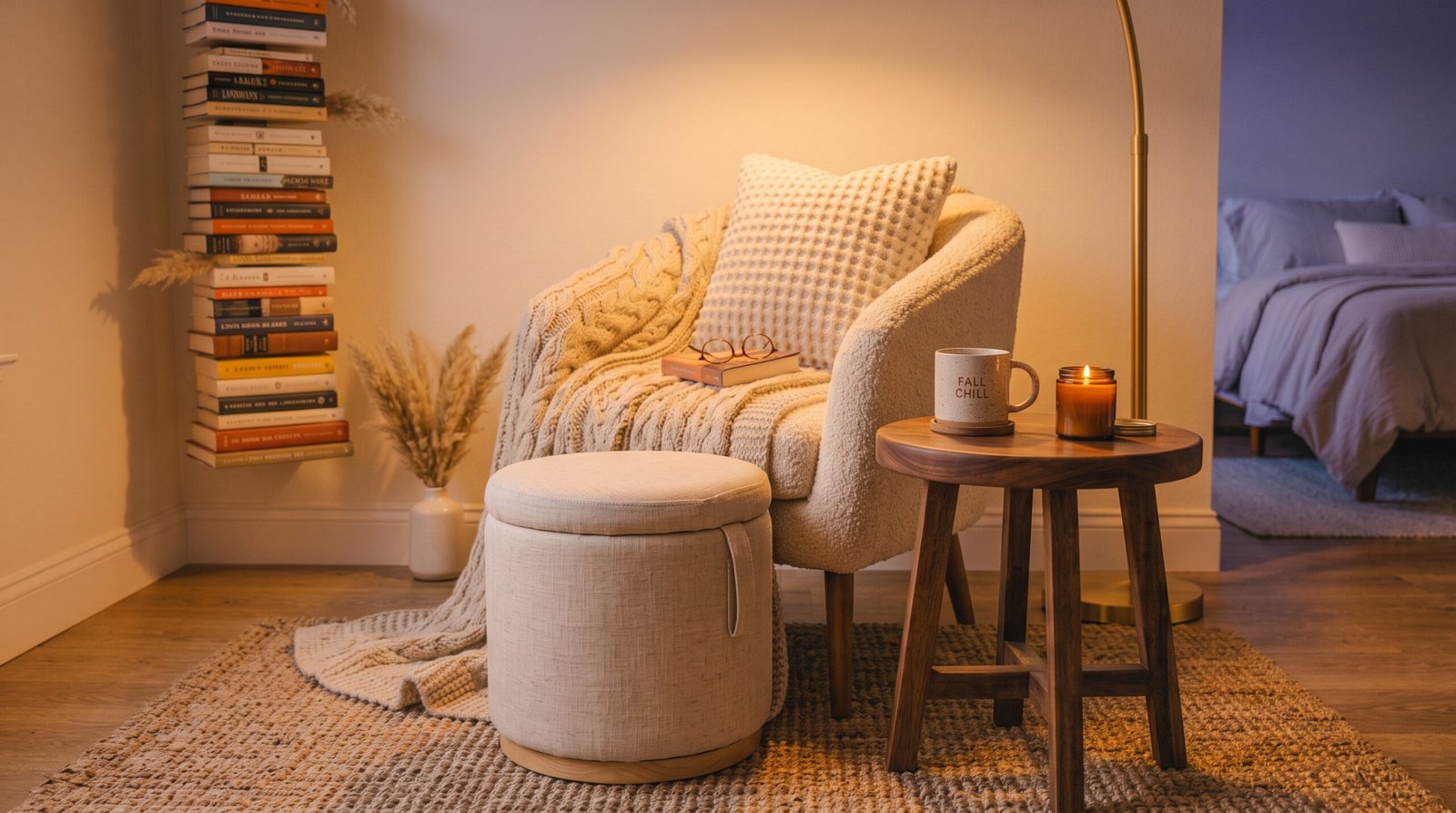 Round upholstered storage ottoman footstool in front of reading armchair