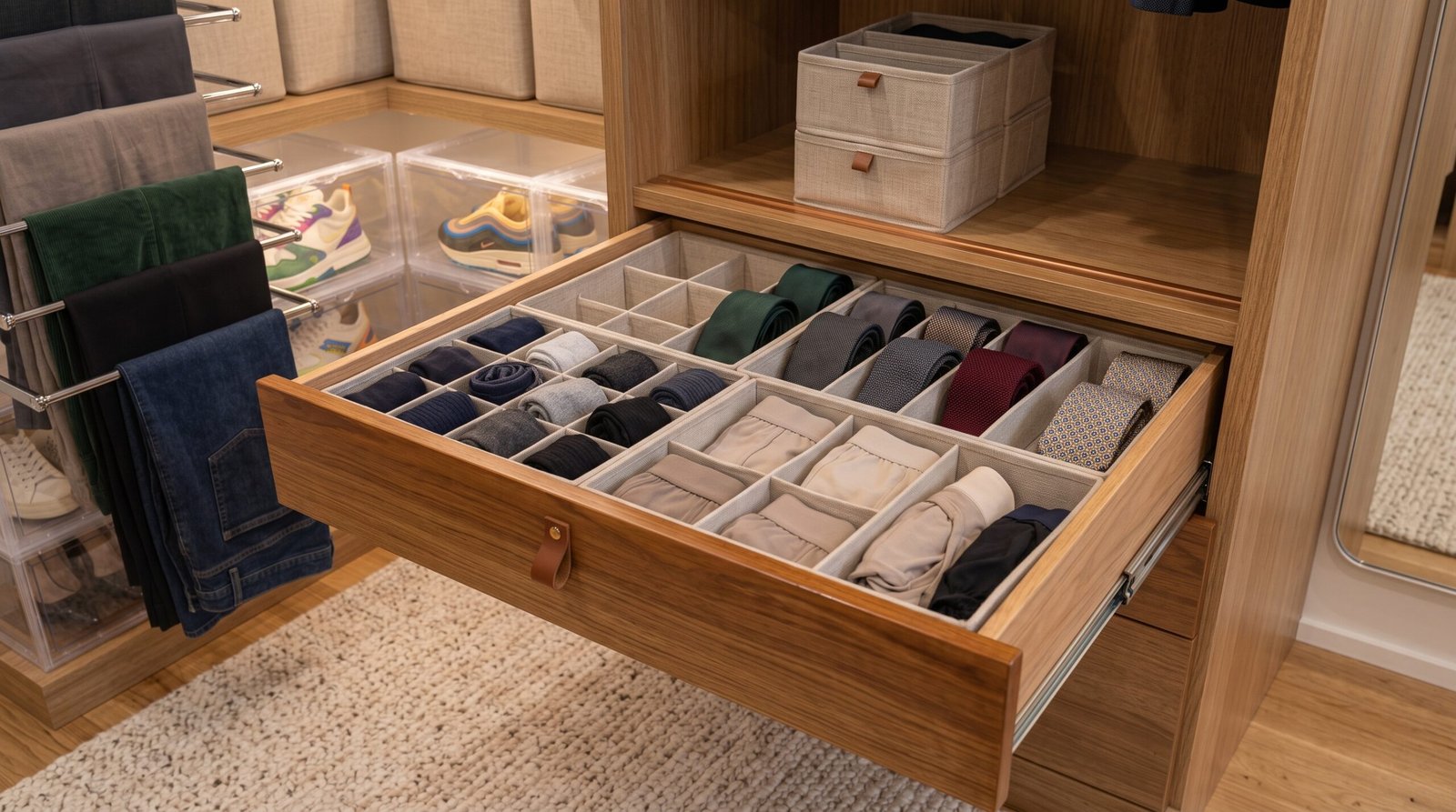Fabric drawer compartment dividers as closet organization essentials for underwear and socks